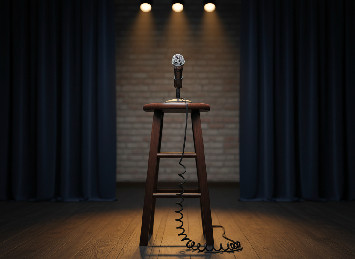 A sleek black handheld microphone with a finely woven metal grille rests on a high wooden stool at center stage, its coiled cable neatly looping to the floor. The stage is framed by deep navy curtains and a subtle brick-pattern backdrop, evoking a classic comedy club environment without showing any people. Overhead spotlights cast a warm, focused pool of light on the microphone, leaving the edges of the stage in soft shadow. Shot at eye level with shallow depth of field, the background fades into a gentle bokeh. The photographic realism, clean composition, and confident, professional mood suggest a polished space for comedy coaching and performance practice.