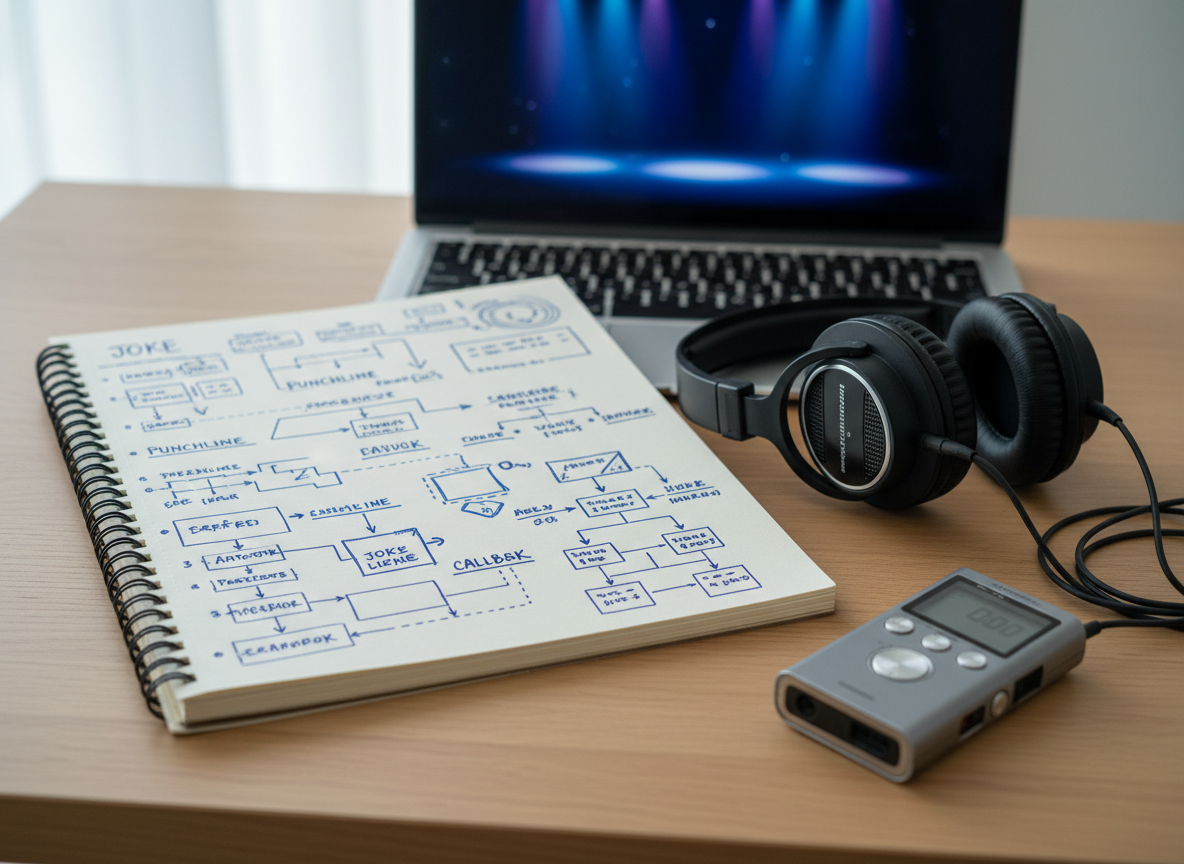 An open spiral-bound notebook filled with neatly sketched joke structures and timing diagrams lies on a smooth, light oak desk beside a pair of over-ear studio headphones and a compact digital voice recorder. A laptop screen in the background shows a paused video still from a comedy coaching session, intentionally blurred with no people visible, only an abstract stage and lighting. Soft, cool daylight from a nearby window washes across the desk, creating gentle reflections on the recorder’s buttons. Captured from a slightly elevated angle with natural photographic realism, the scene feels focused, organized, and professional, conveying the analytical and methodical side of comedy coaching and joke development.